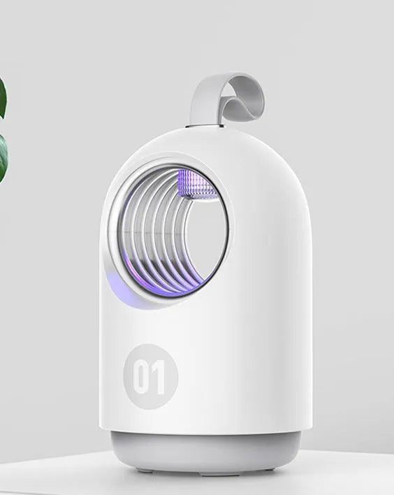 White or blue indoor mosquito killer lamp with UV light, fan, and silicone carry handle.