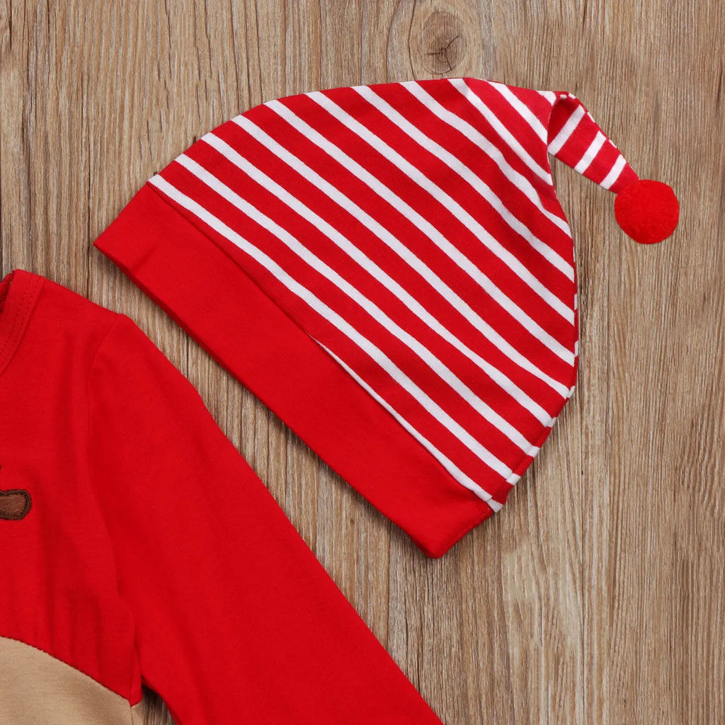Christmas deer cotton romper for babies, long sleeve, red colour options, sizes 70cm to 100cm