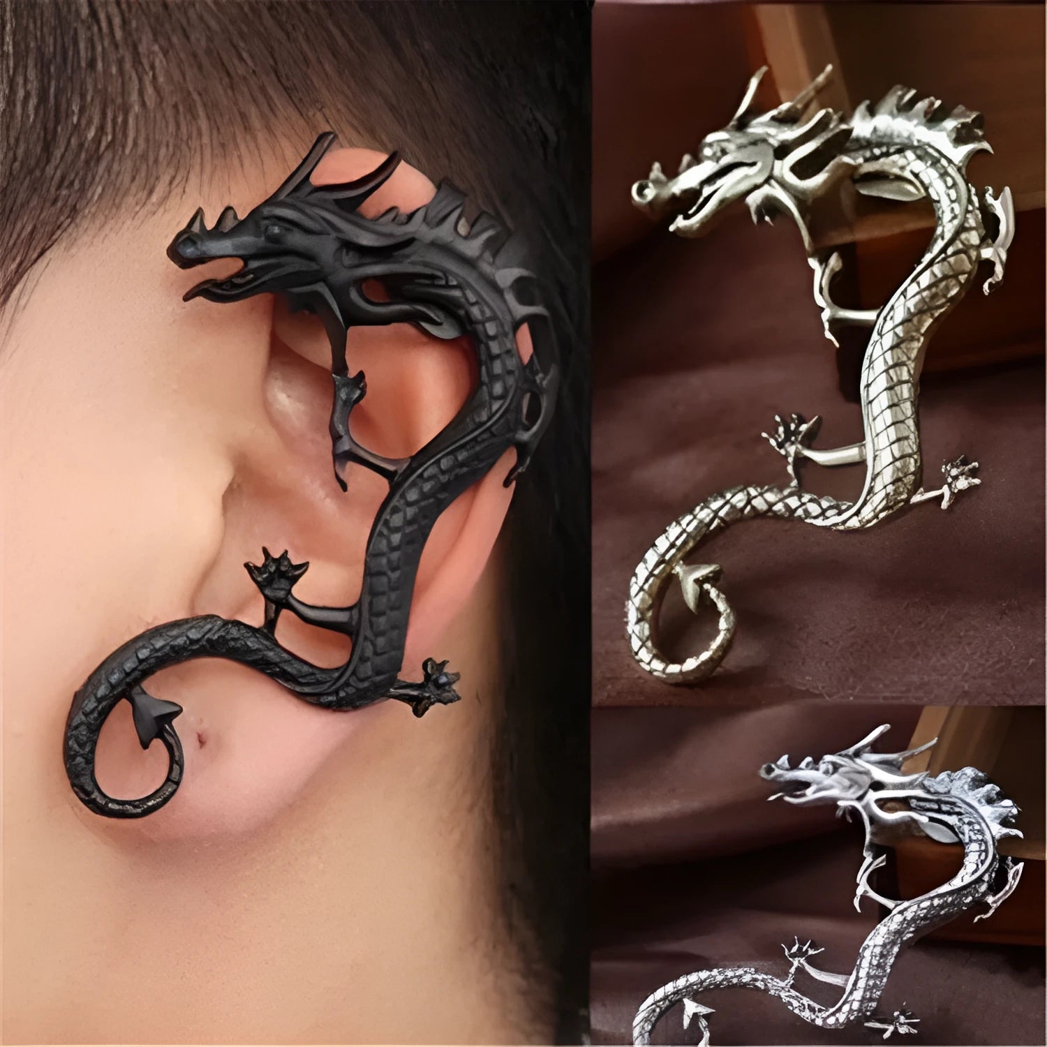 Bronze alloy dragon ear clip with electroplated finish, unisex design, size 6.5cm by 4.5cm