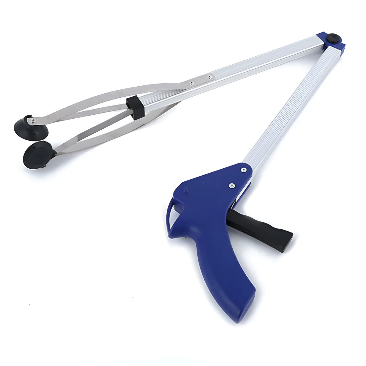 Aluminium alloy folding litter picker, 81cm extended, 8cm rubber jaws, blue and red options