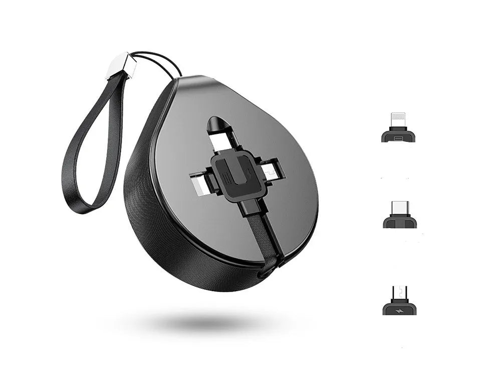 Telescopic three-in-one charging cable extended to 1 metre showing USB-C, Micro USB, and Lightning connectors