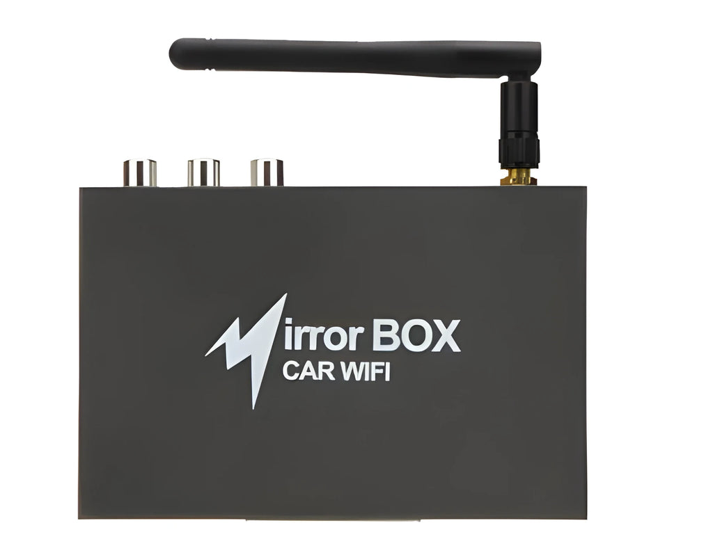 Black car Wi-Fi mirror box with AV converter, power cable, antenna and connection cables for smartphone integration