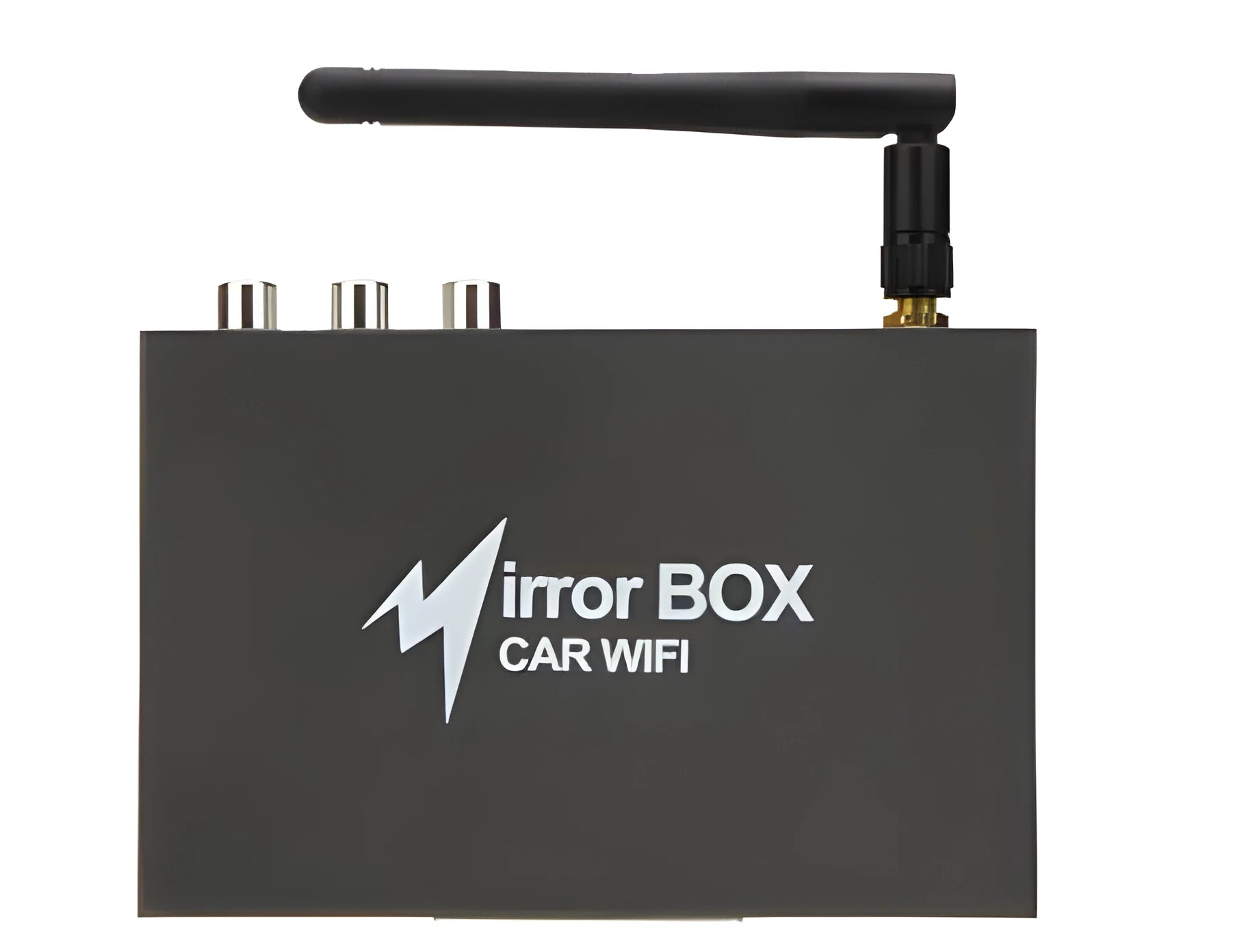 Black car Wi-Fi mirror box with AV converter, power cable, antenna and connection cables for smartphone integration