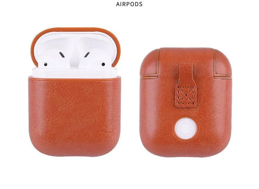 Genuine leather protective case for Apple AirPods charging case in black, brown, light brown, and red.