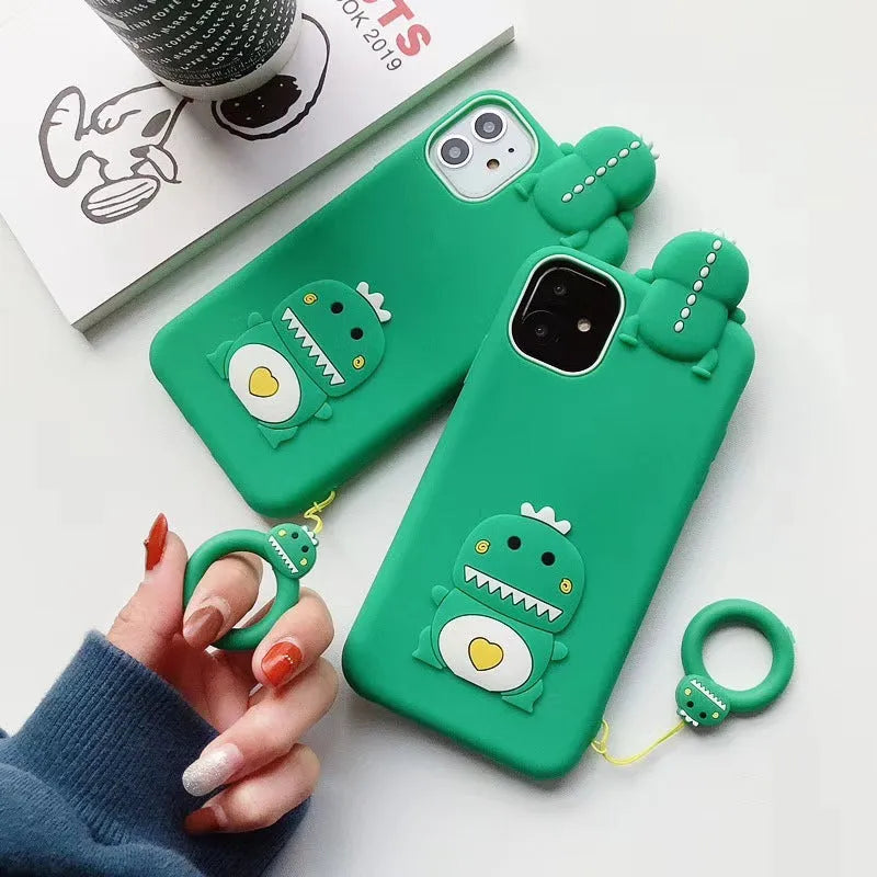 Green silicone iPhone case with cartoon animal design showing back cover style for drop protection