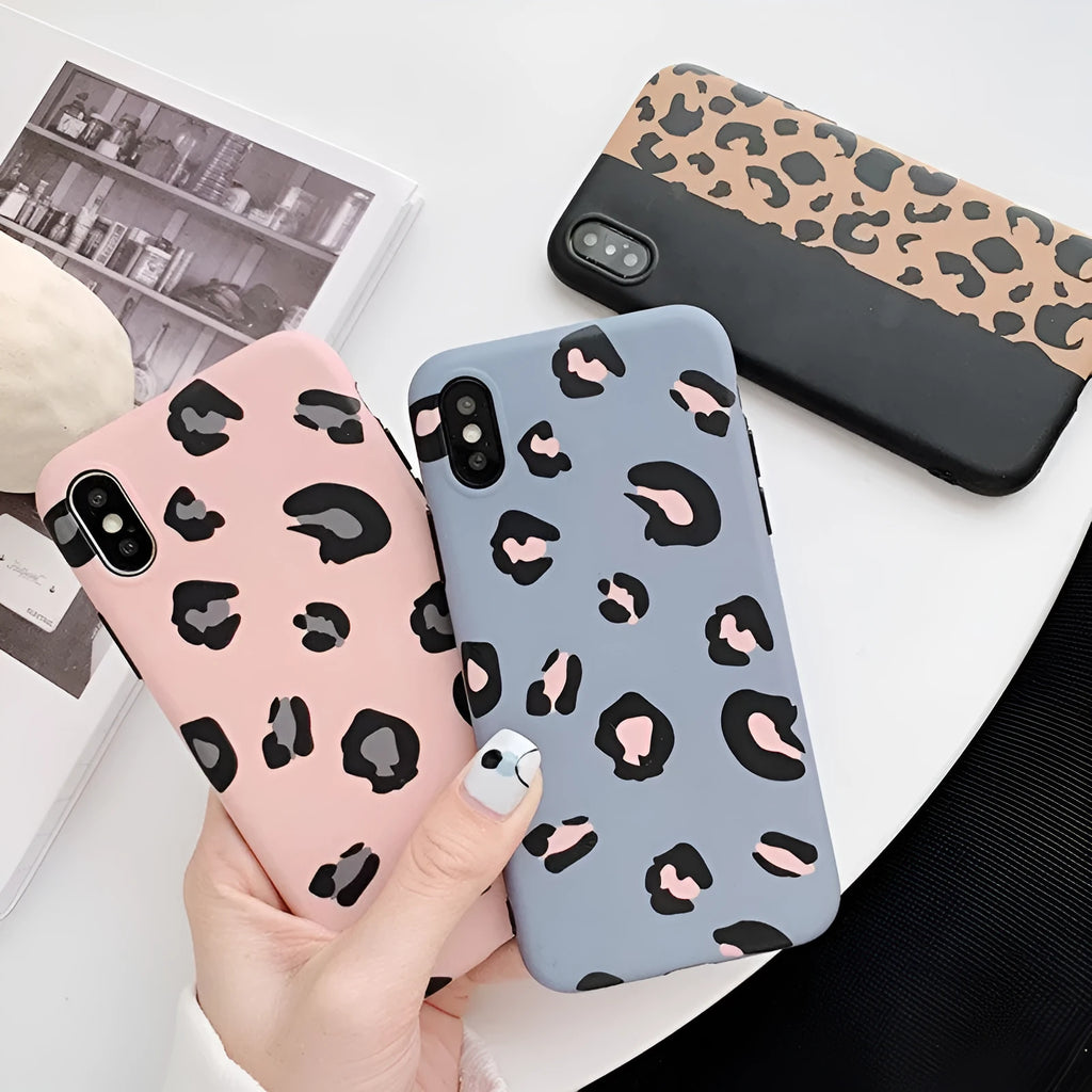 Leopard pattern phone case for iPhone in black, blue and pink colour options