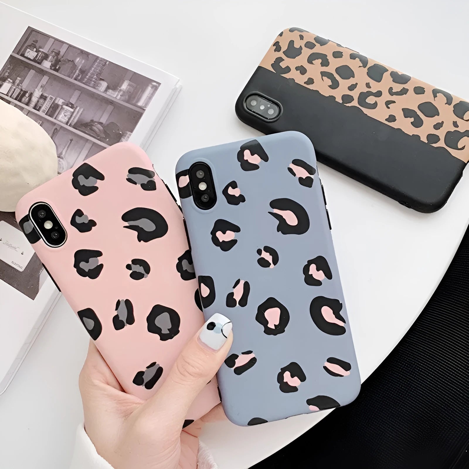 Leopard pattern phone case for iPhone in black, blue and pink colour options
