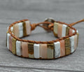 Handmade chakra bracelet with natural stone tube beads and leather wrap, easy-hook clasp, Bohemia style.