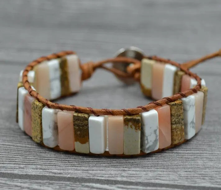 Handmade chakra bracelet with natural stone tube beads and leather wrap, easy-hook clasp, Bohemia style.