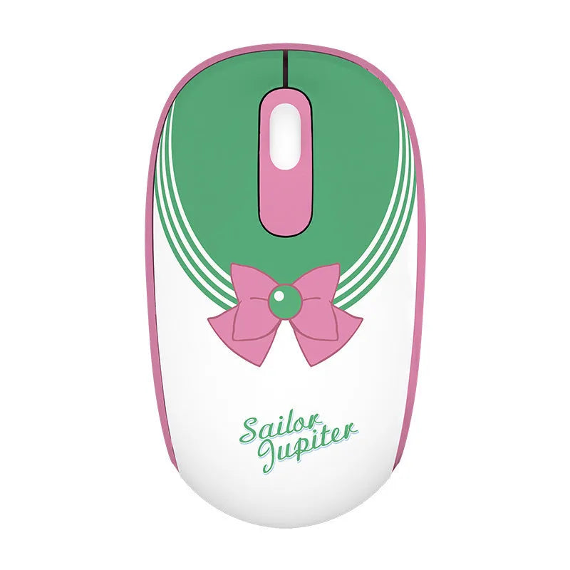 Pink Sailor Moon wireless mouse with cartoon character graphic, shown next to its small USB receiver.
