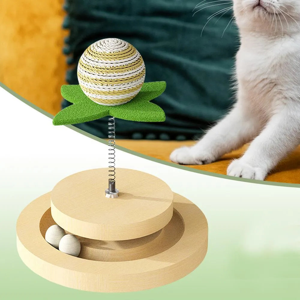Green sisal cat toy with multi-layer ball track and rotating springs for indoor feline play