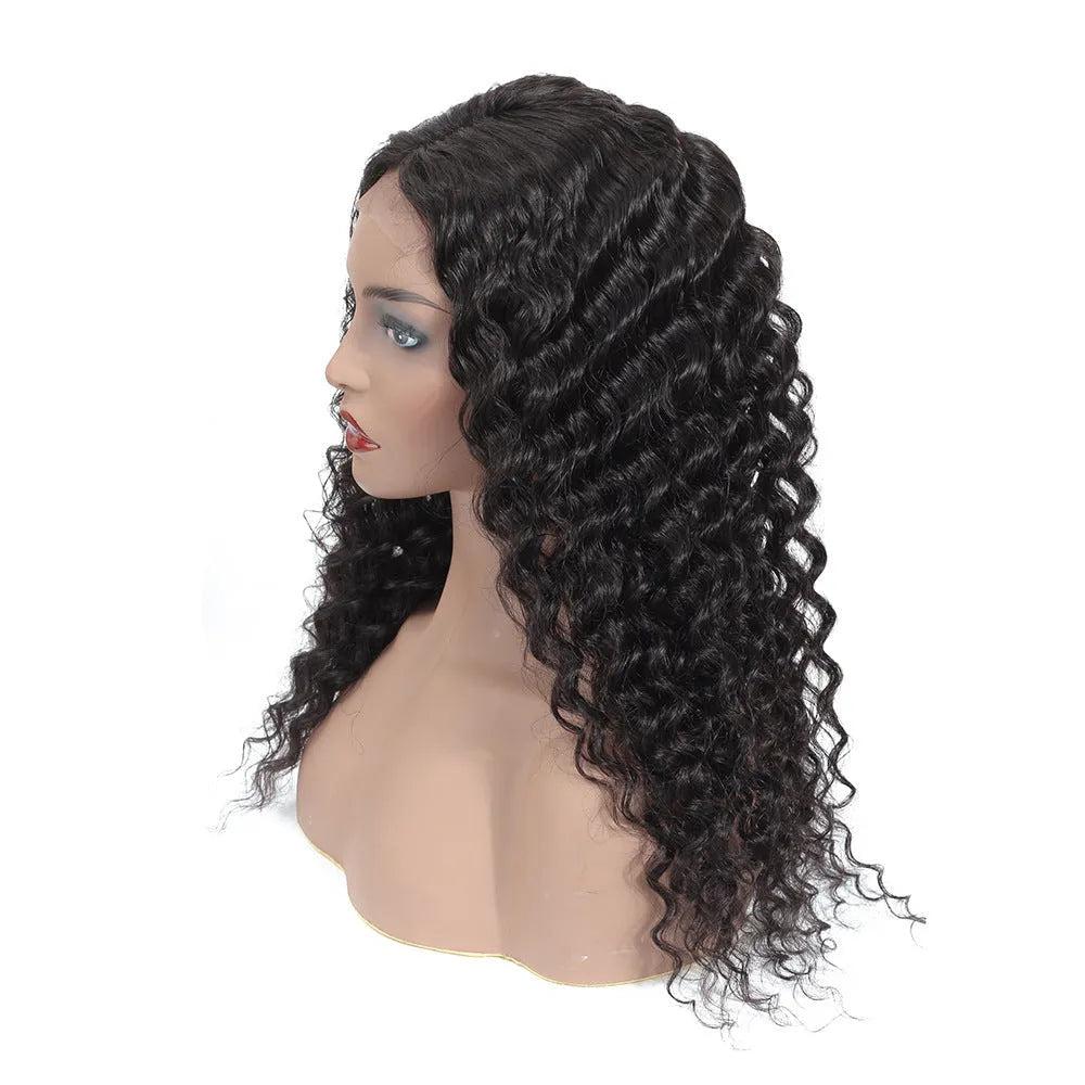 Human hair wig with lace front in 1B natural colour, 16 inch length, on a mannequin head