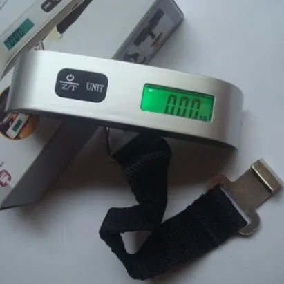 T-shaped electronic scale 50kg/10g with backlit LCD screen, black plastic, 16cm x 3cm portable size.