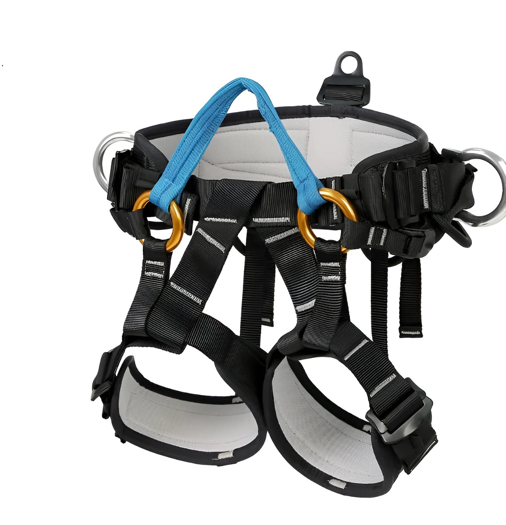 Black polyester half body seat belt with adjustable waist and thigh straps for climbing and rescue