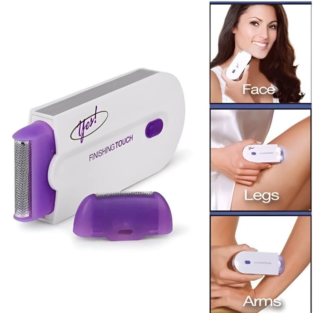 Silver electric hair removal shaver with USB charger cord, trimmer head, foil head, and cleaning brush on a white background.