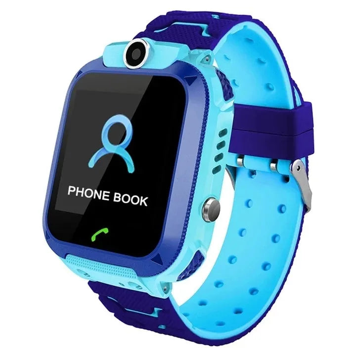 Children's phone watch with touch screen and camera in blue on child's wrist