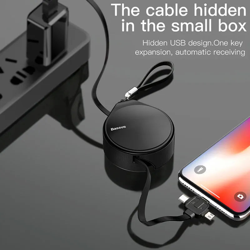 Telescopic three-in-one charging cable extended to 1 metre showing USB-C, Micro USB, and Lightning connectors