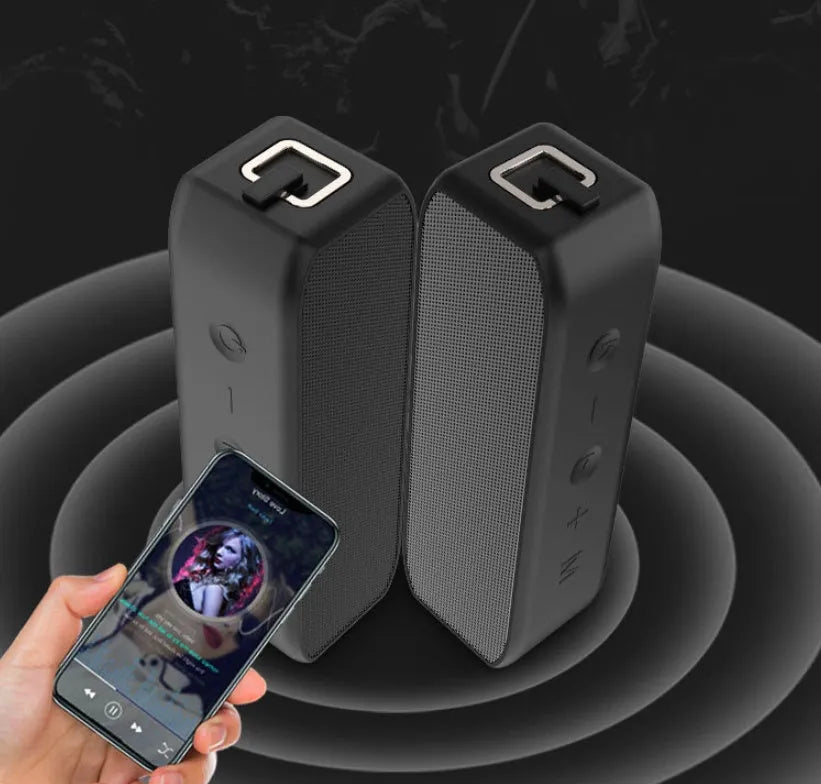 Black wireless waterproof Bluetooth speaker with 20W output power and 12-hour battery life