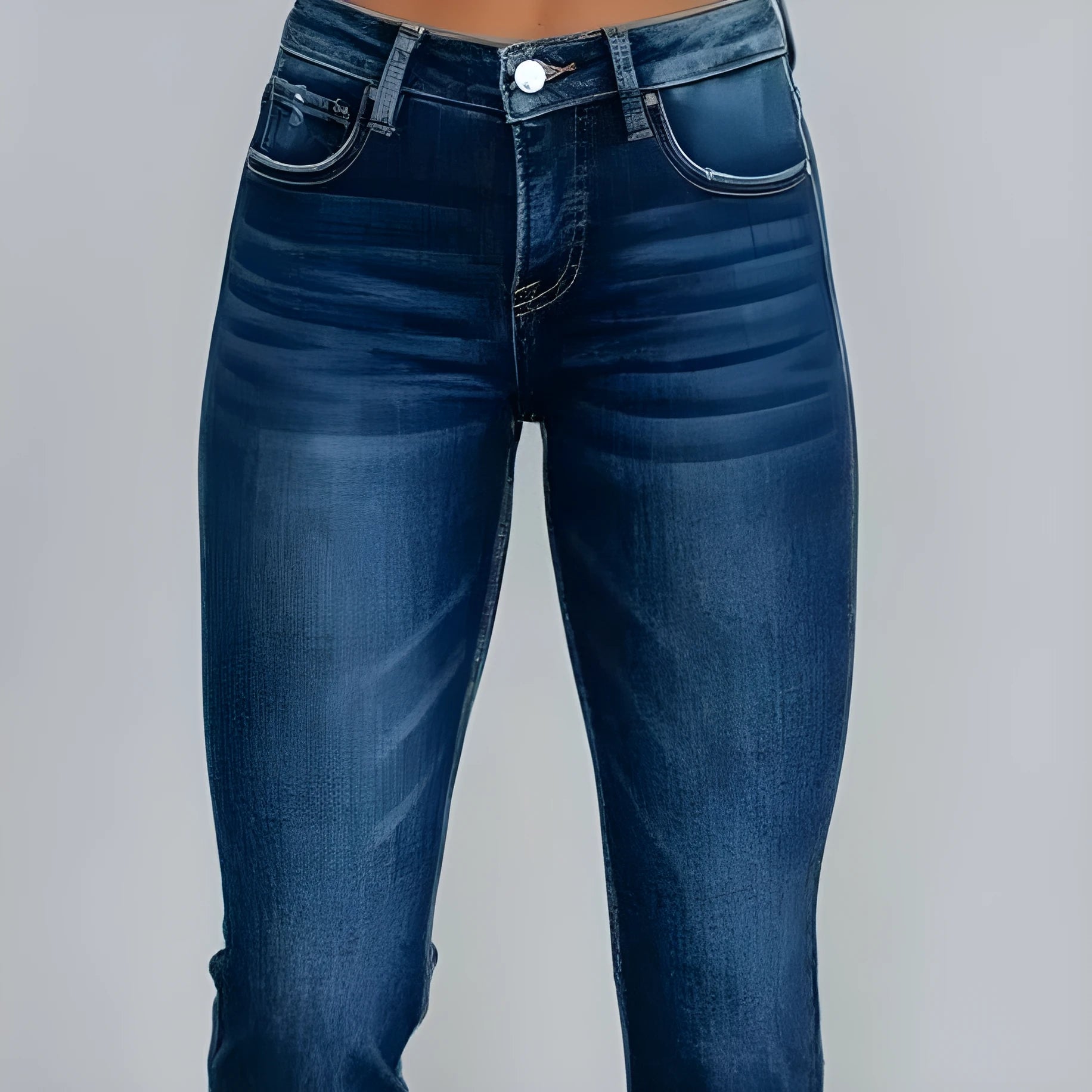 Women's solid colour denim trousers with hand-distressed detailing in dark blue wash