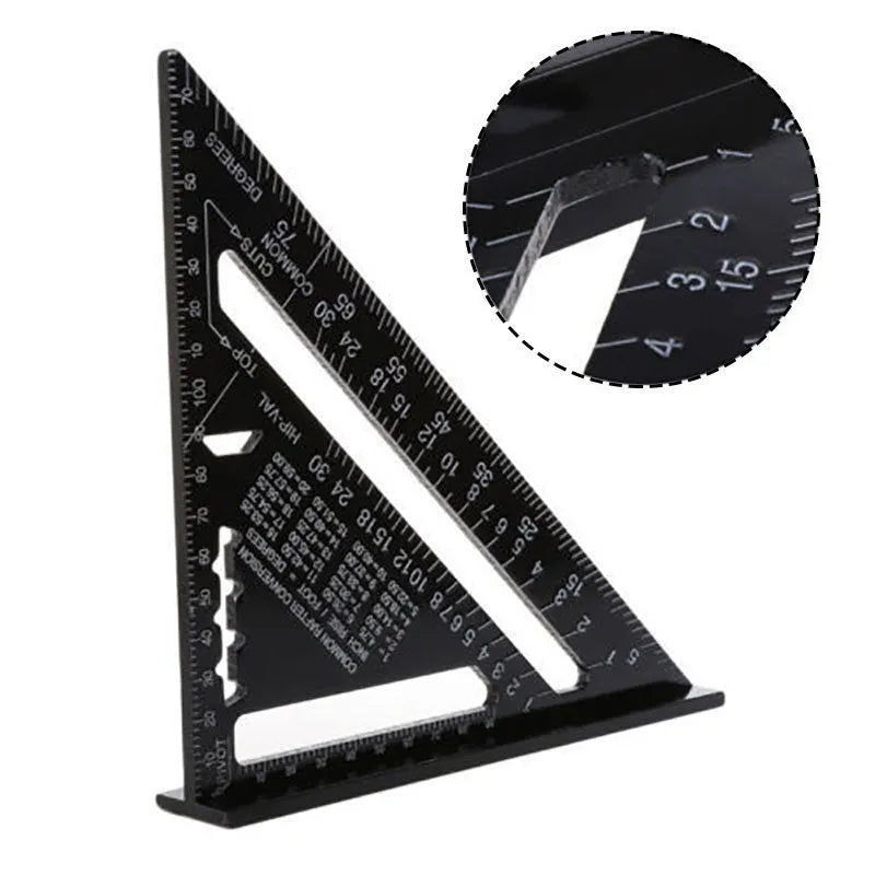 Black aluminium alloy woodworking square showing 90-degree angle and measurement markings