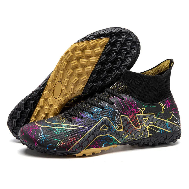 High-top football boots with rubber studded sole and breathable upper, available in black gold and white orange
