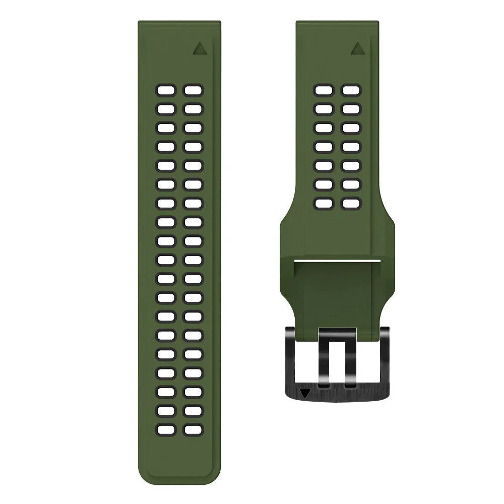 Two-colour quick release silicone watch strap showing pin buckle and double-row holes, in Army Green and black.