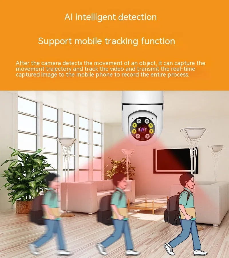 Wireless bulb security camera with plastic and metal construction measuring 5cm by 12cm