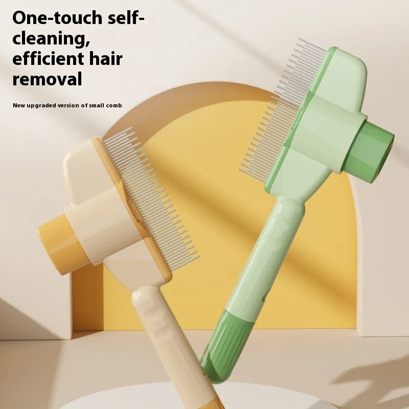 Yellow and green self-cleaning pet combs with stainless steel teeth on a white background