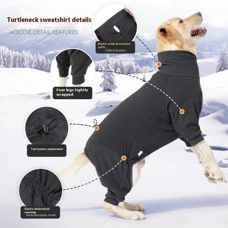 Dark grey polar fleece dog coat with high collar and four-legged design for winter warmth
