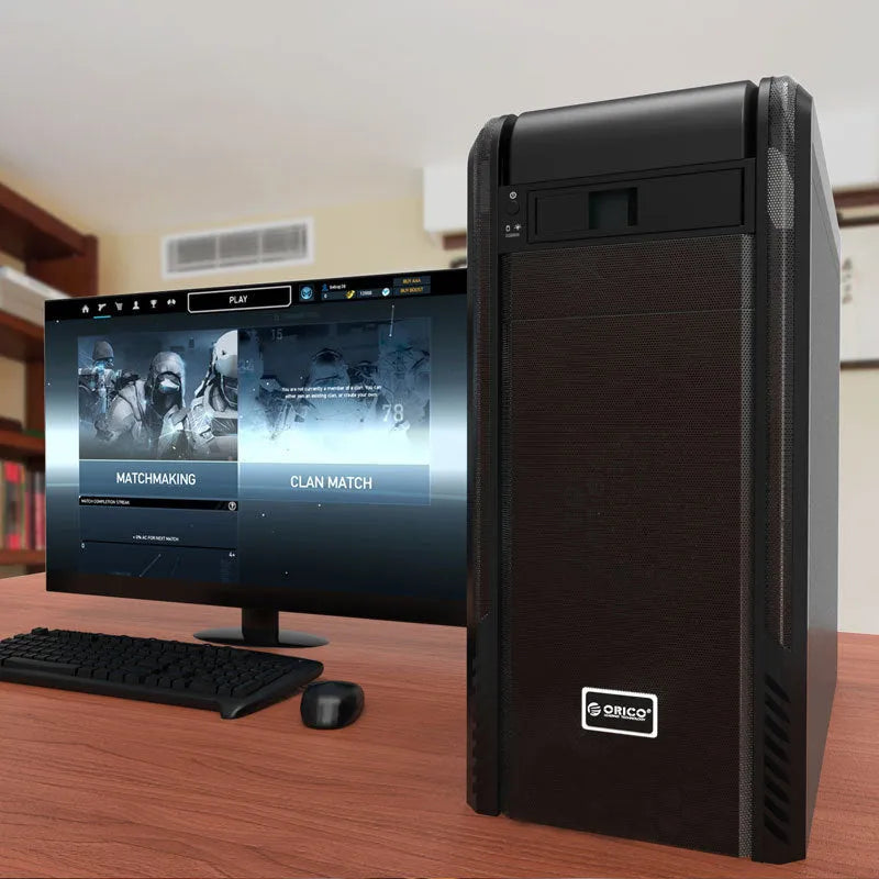 Black vertical hard disk tray for desktop computer CD-ROM bay mounting
