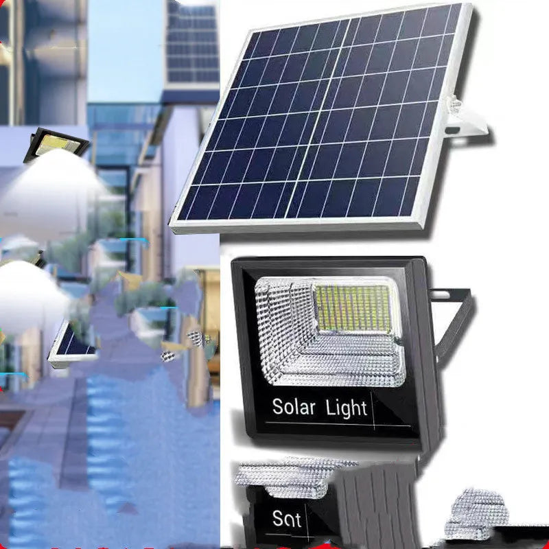 Black solar-powered LED flood light with remote control for outdoor use.