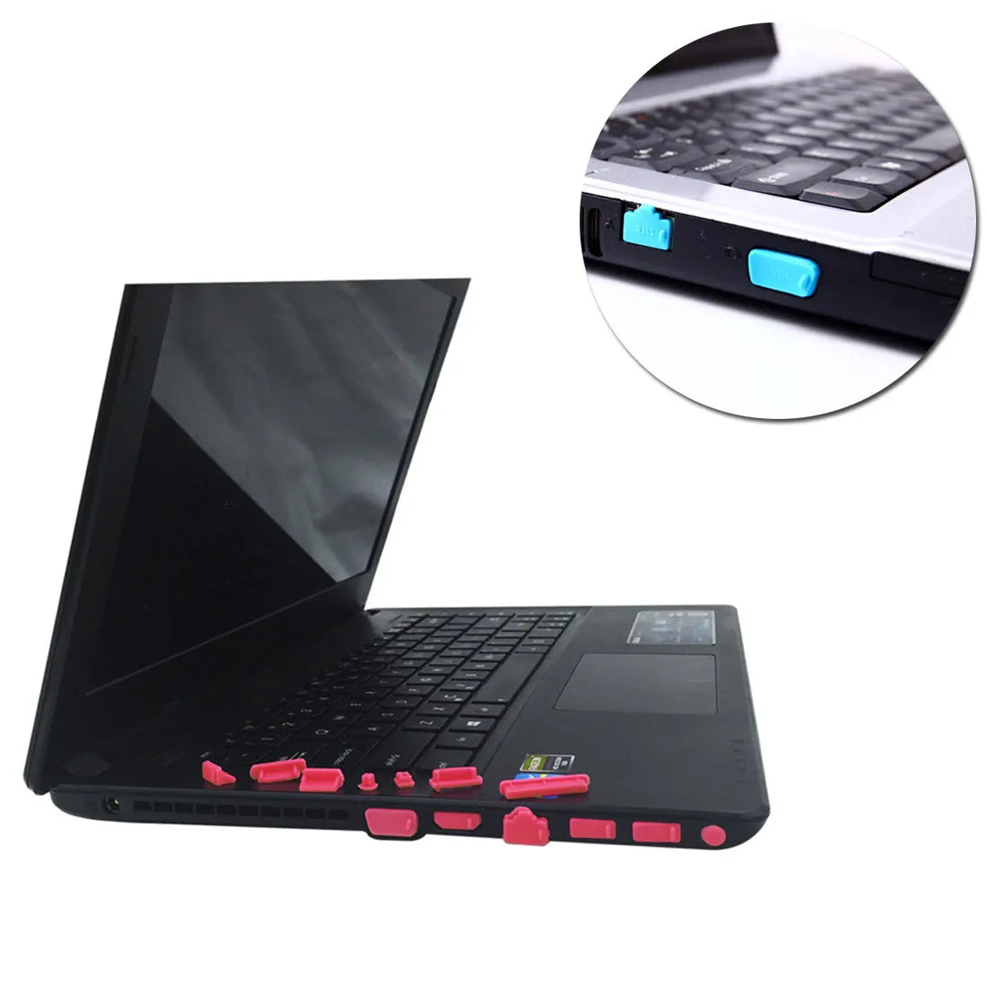 13 piece silicone laptop dust plug set including VGA, USB, HDMI, audio, RJ45, SD, and 1394 plugs in assorted colours