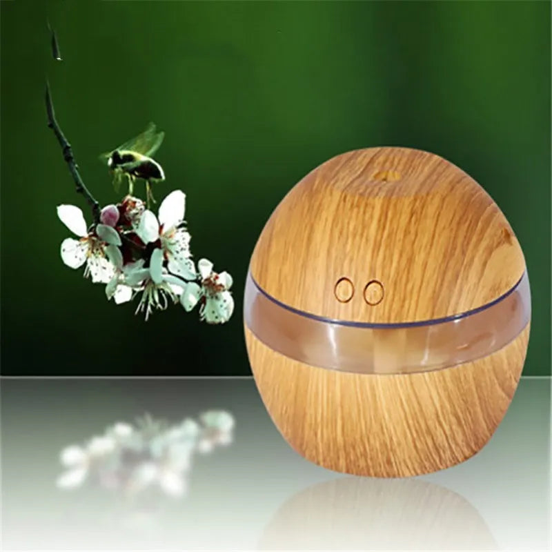 Brown wood grain desktop humidifier with USB cable, 200ml water tank, and compact 90x80x50mm dimensions