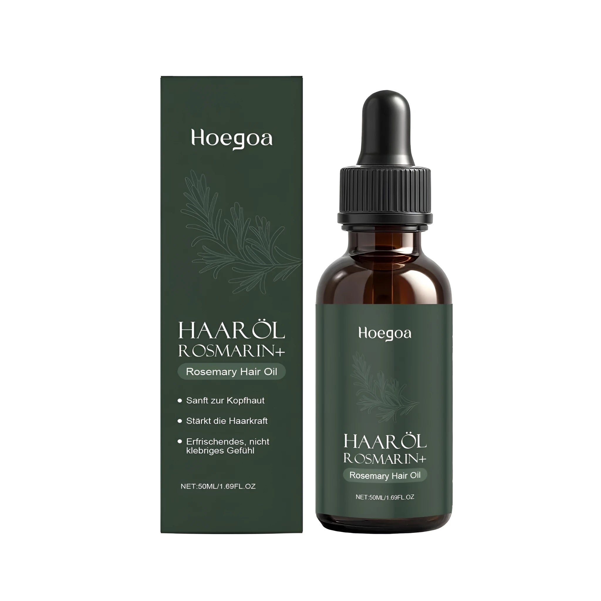 50ml glass bottle of rosemary hair care oil with dropper, containing a clear botanical blend