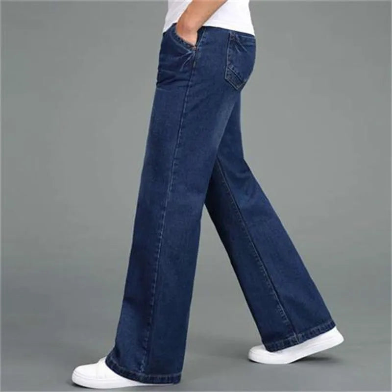 Men's loose straight-leg wide-leg flared jeans in polyester fabric solid colour blue