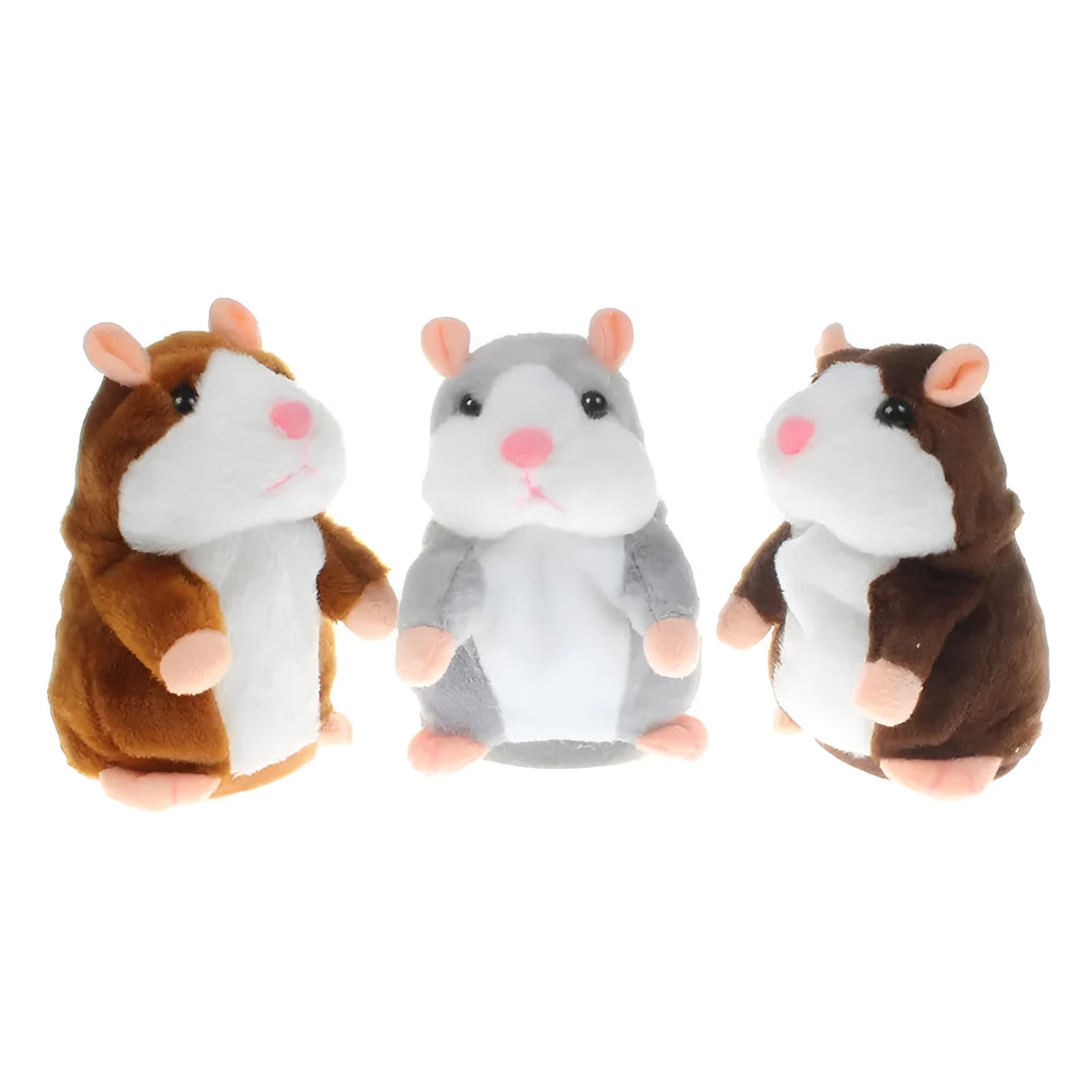 Small light brown plush hamster toy on a white background.