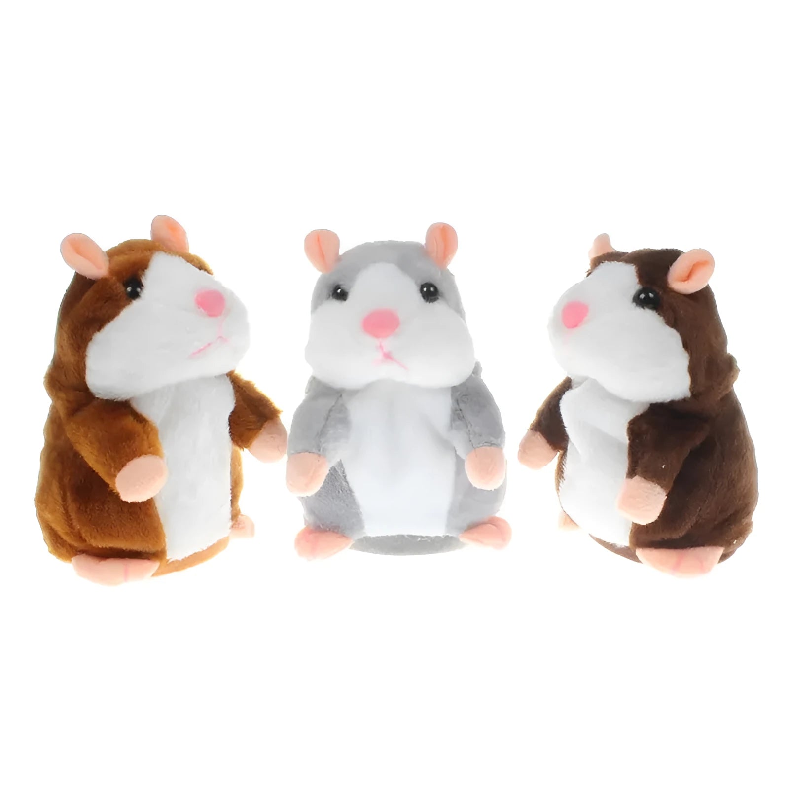 Small light brown plush hamster toy on a white background.