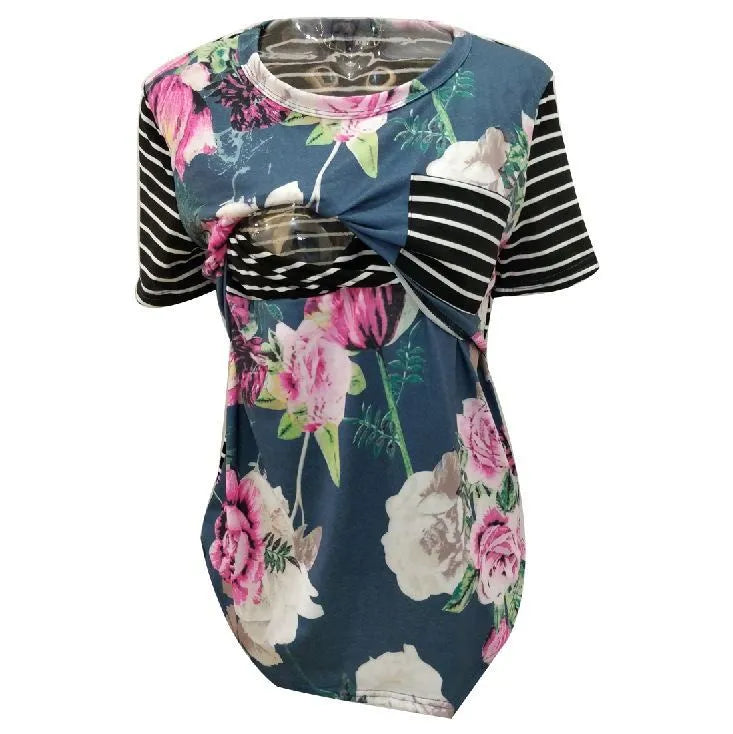 Striped summer breastfeeding top, short sleeve round neck pullover maternity nursing T-shirt in green, grey, light green or navy blue