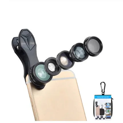 Black universal 5-in-1 smartphone lens kit showing fisheye, wide angle, macro, telephoto and CPL filter lenses with clip mount
