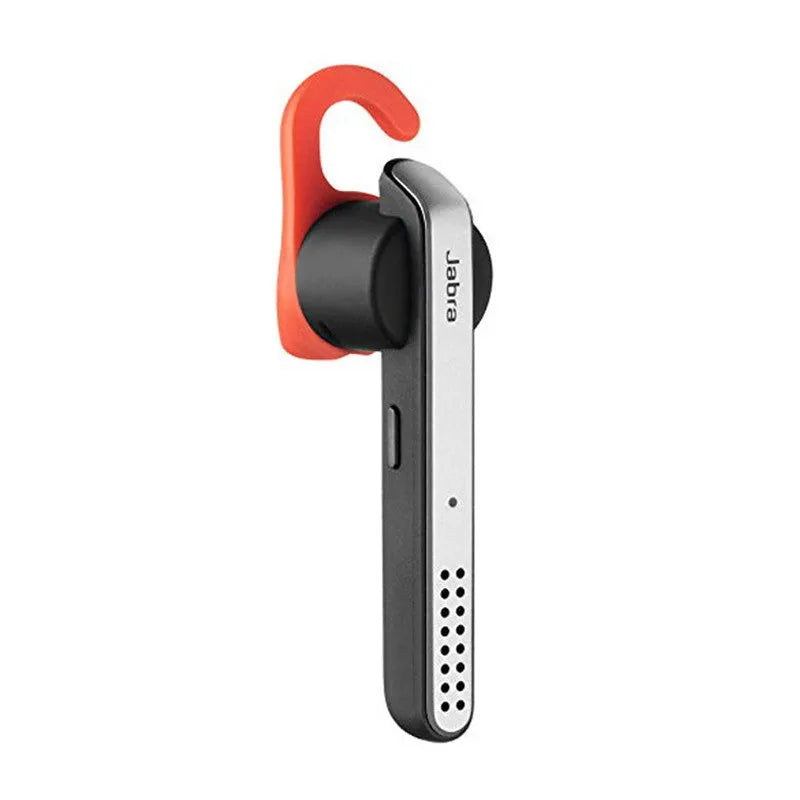 Black behind-the-ear Bluetooth earphones showing dual-phone connectivity and comfortable design