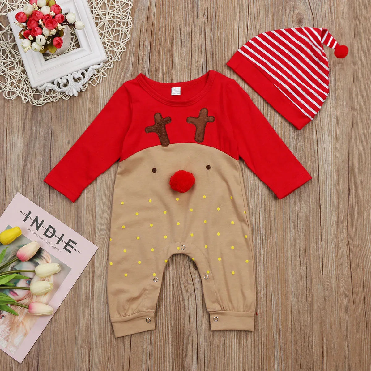 Christmas deer cotton romper for babies, long sleeve, red colour options, sizes 70cm to 100cm