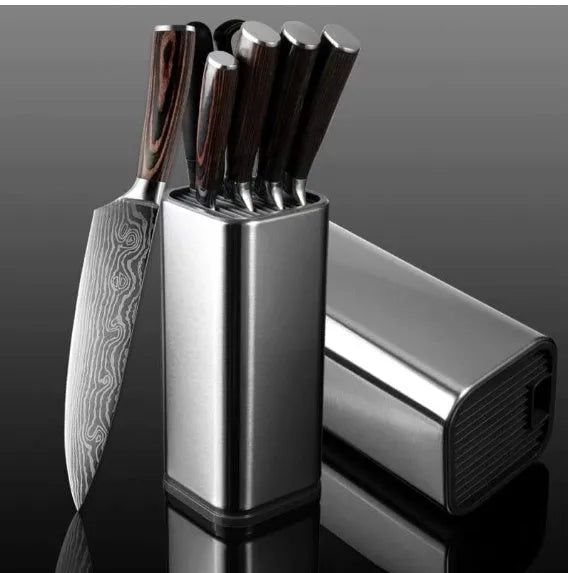 Black kitchen knife holder with detachable storage bucket showing stainless steel blade slots