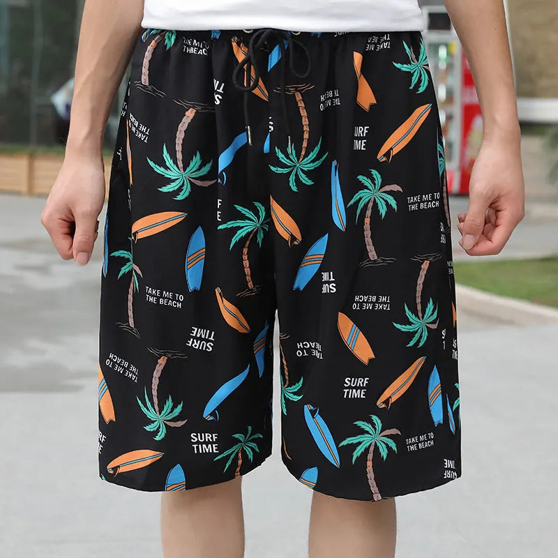 Men's loose fit beach pants in ice silk polyester blend fabric with stripe or floral patterns