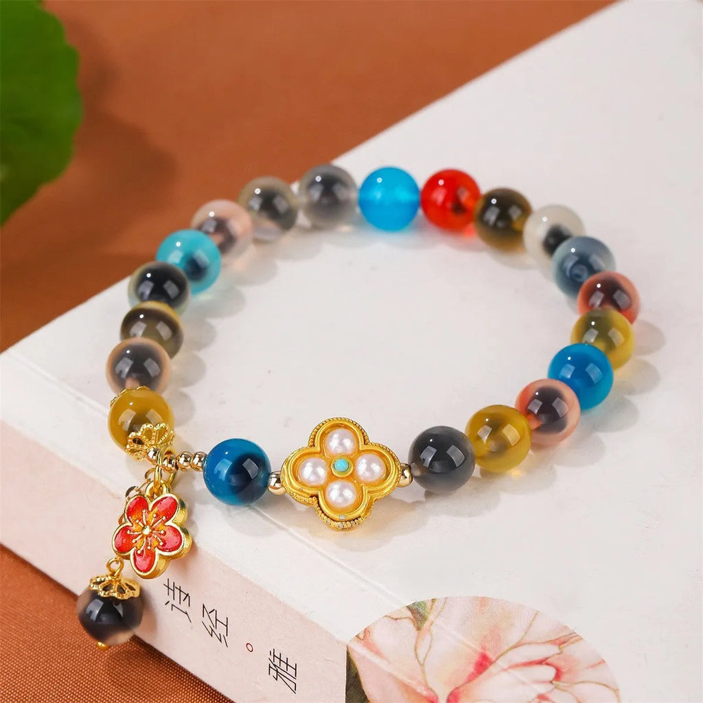 Women's sugar heart agate bracelet with manual DIY crafting in retro style