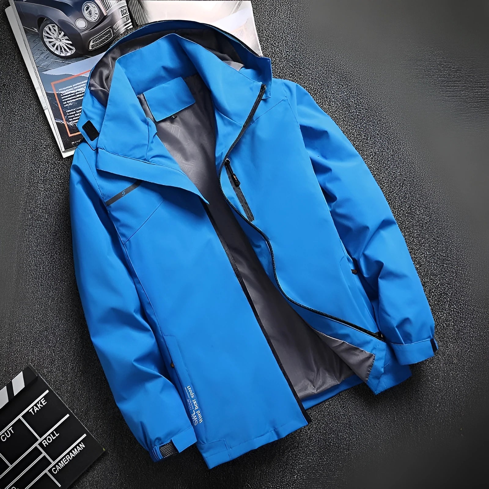 Outdoor casual thin waterproof hooded jacket in navy blue, loose fit polyester spring autumn coat