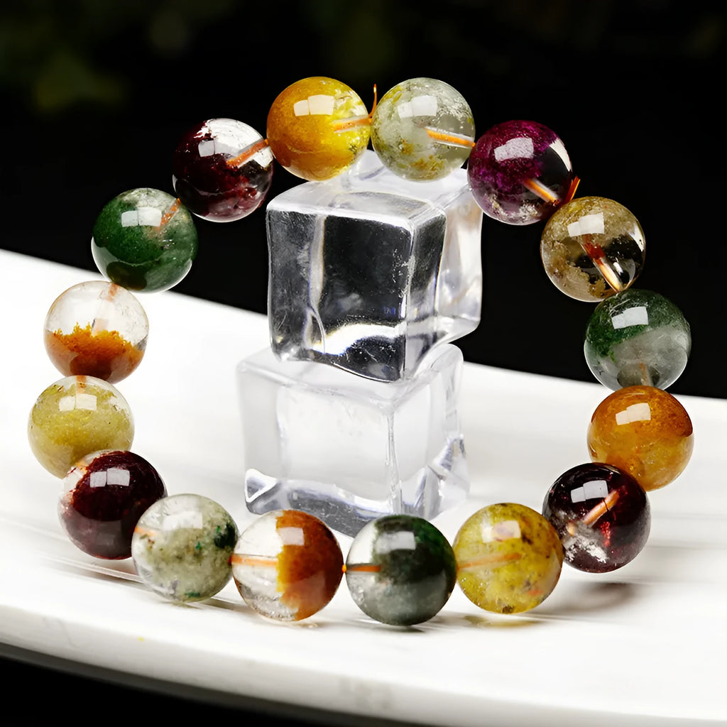 Natural four seasons colourful ghost cornucopia crystal bracelet with 10mm beads in retro ethnic style