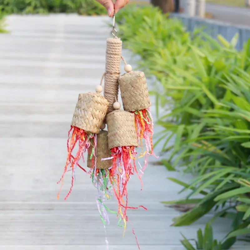35cm colourful shredded paper bird toy hanging with wood and sisal construction for parrot cages