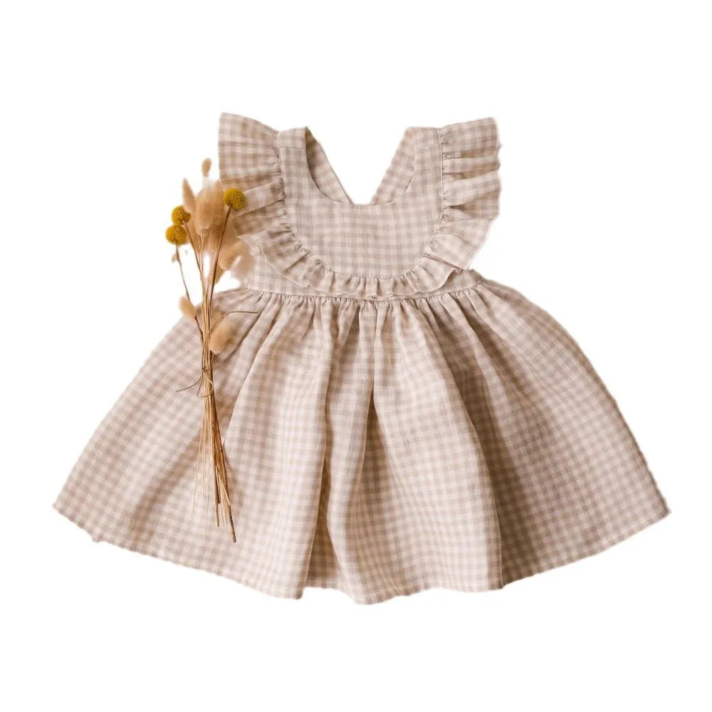 Baby girl's summer strap dress in green solid colour with A-line skirt and cotton lining