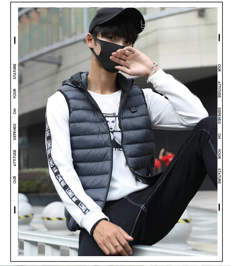 Heated cotton vest in black with USB electric heating panels for winter outdoor warmth