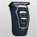 Dark blue rechargeable electric hair clipper with stainless steel blades and three plastic guide combs